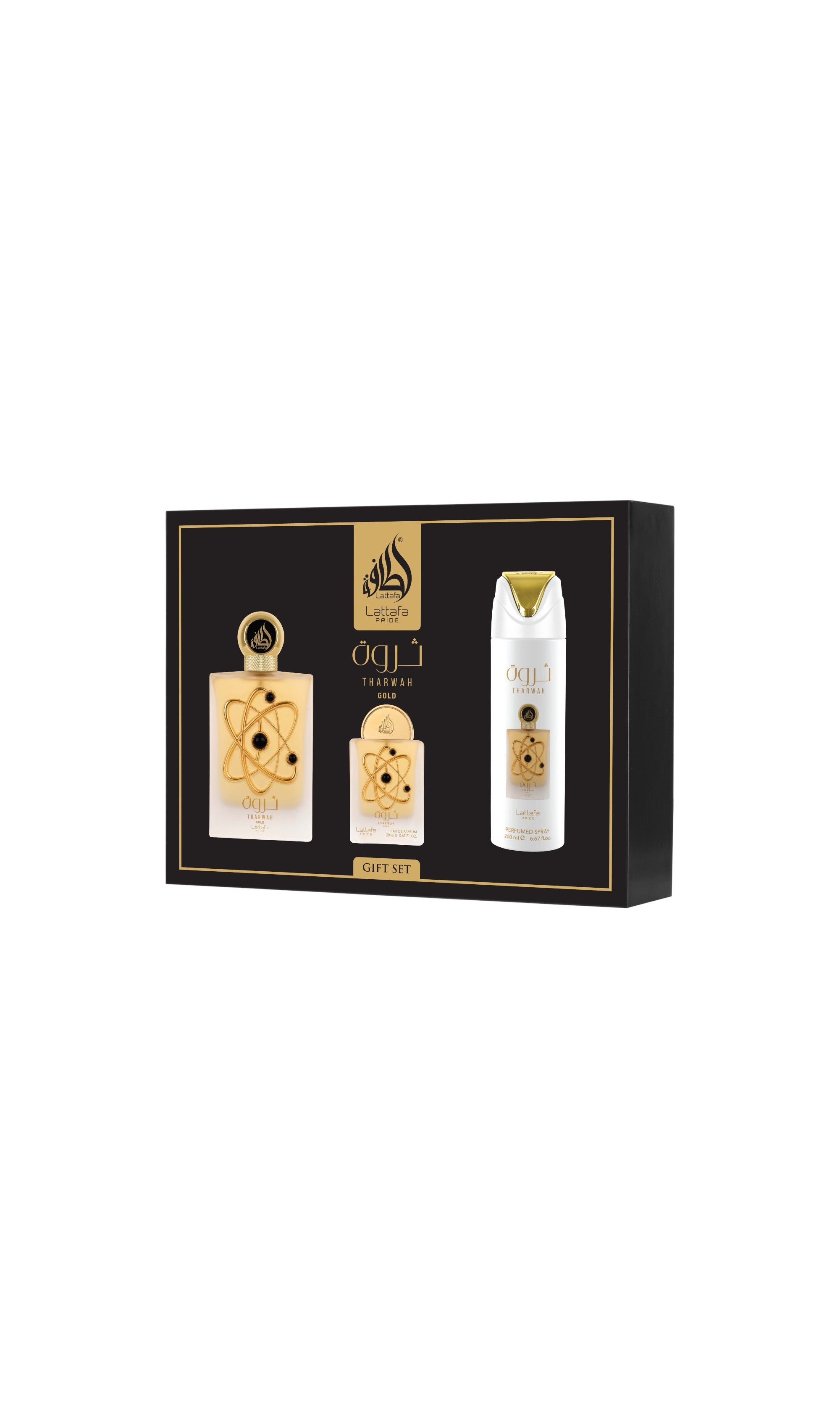 Conjunto Perfume + Miniatura + Ambientador - THARWAH GOLD by Lattaf